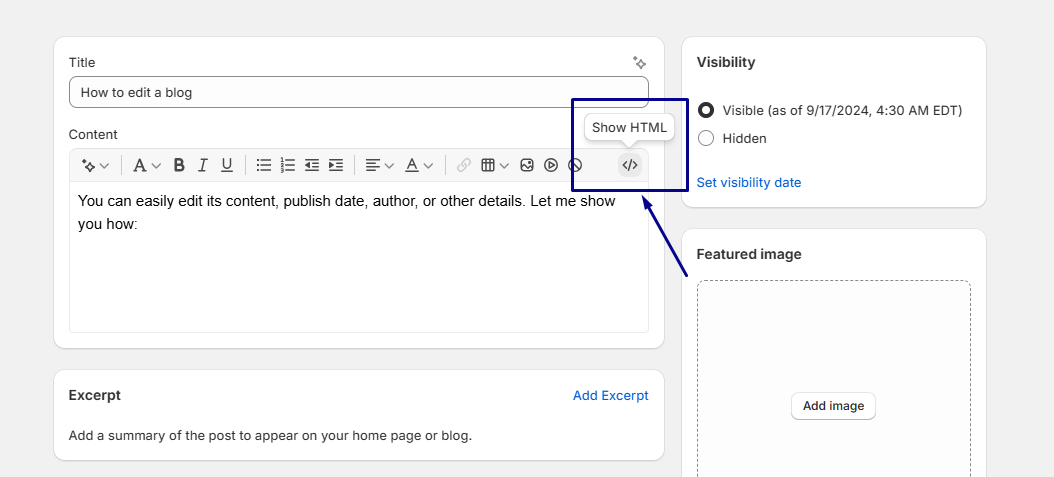 Click the <> button and add the code to your blog post’s HTLM